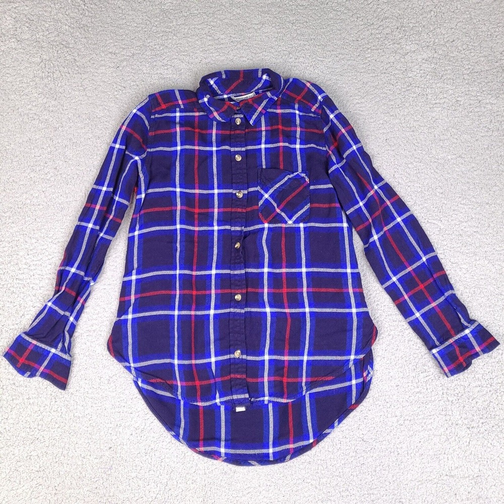 American Eagle Flannel Shirt Womens XS Blue Plaid Boyfriend Fit Soft Button Down